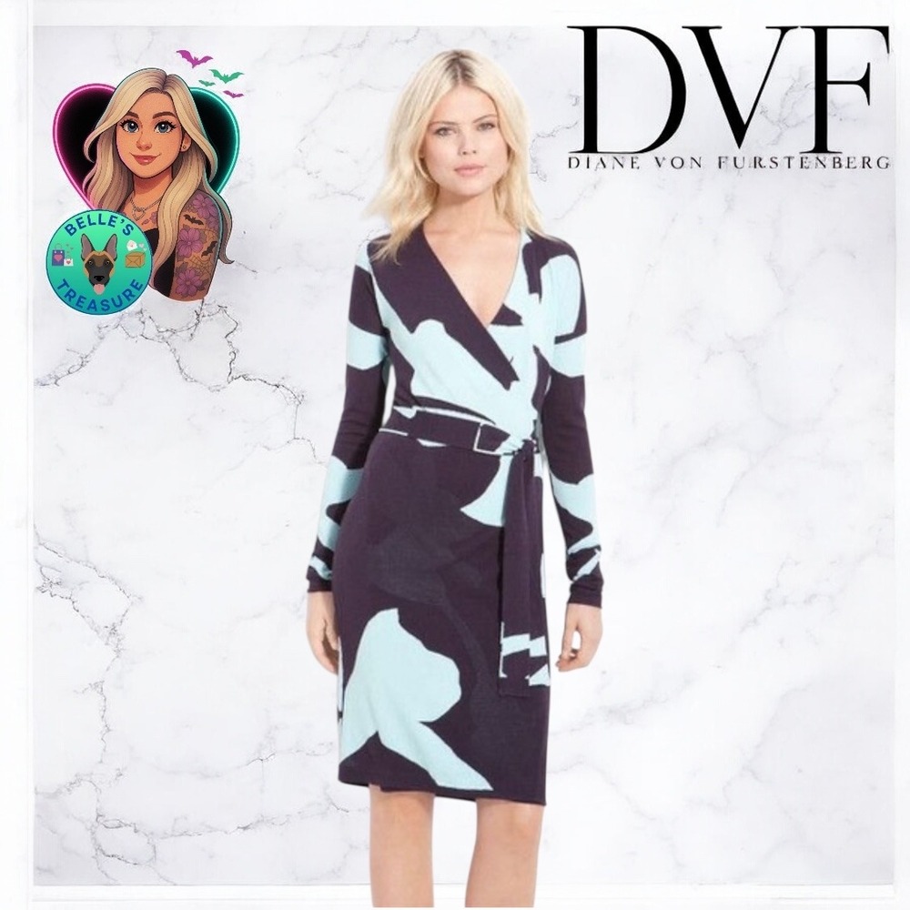 Diane Von Furstenberg DVF Kinaya Wrap Knit Dress Small Deep Grape Soft Turquoise